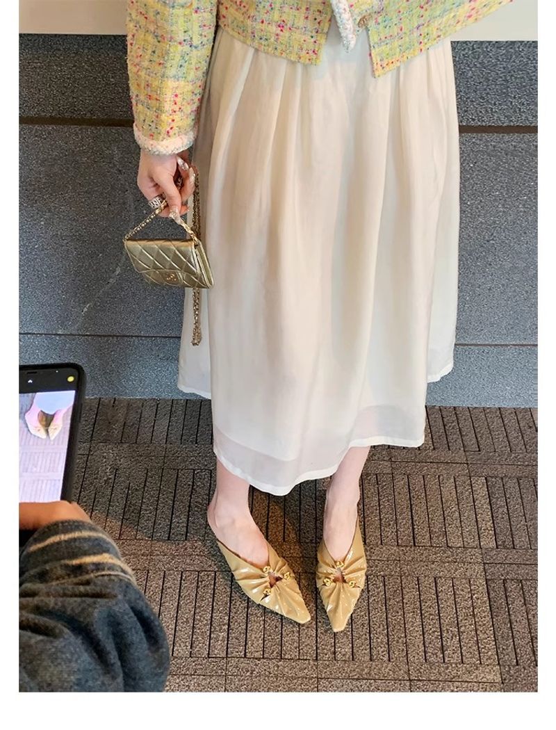 Grape Mom's Same Style Spring New Triangle Buckle Hollow Pointed Pleated Baotou Muller Half Slippers Women's Genuine_voghion.com