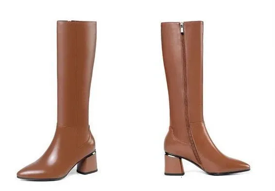 Winter Long Shoes Woman For Knee High Shaft Footwear Leather Womens Boots Fur Brown Pointed Toe Chic And Elegant Fashion_voghion.com