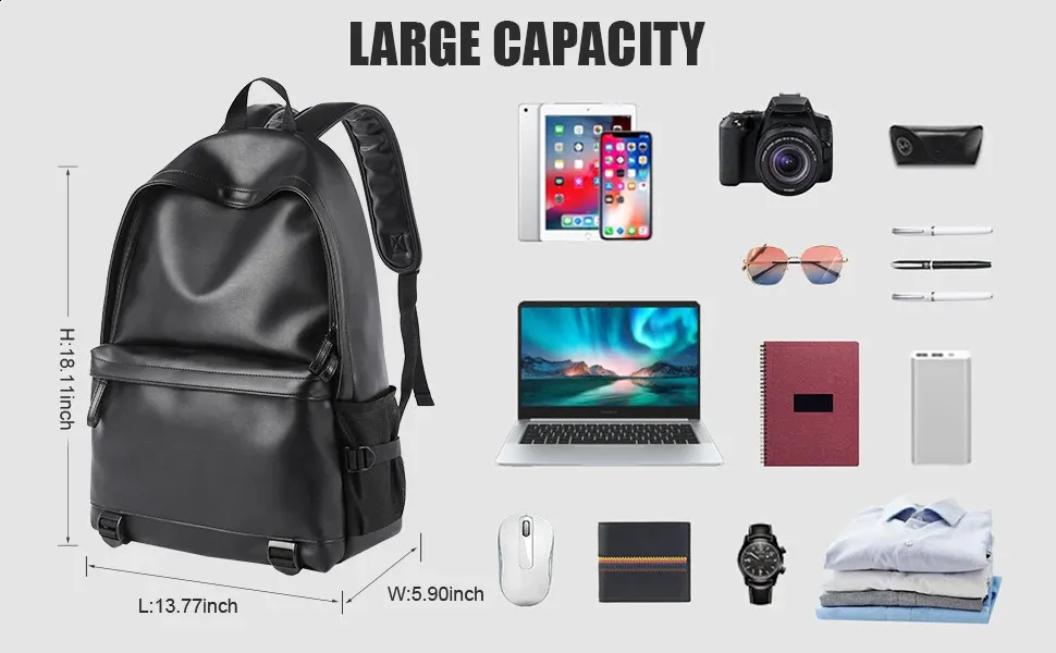 Schwarzer Leder für Herren Business Travel Wasserdichter Daypack PU 16 Zoll Laptop-Rucksack 240829_voghion.com