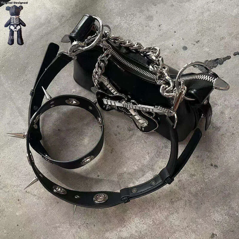 Dee selwechte Stil wéi Blogger Punk Nieten Gothic Rock Guita Metall Schnallen Handtasche Frae Schëller Pikant Meedercher Crossbody Tasche_voghion.com