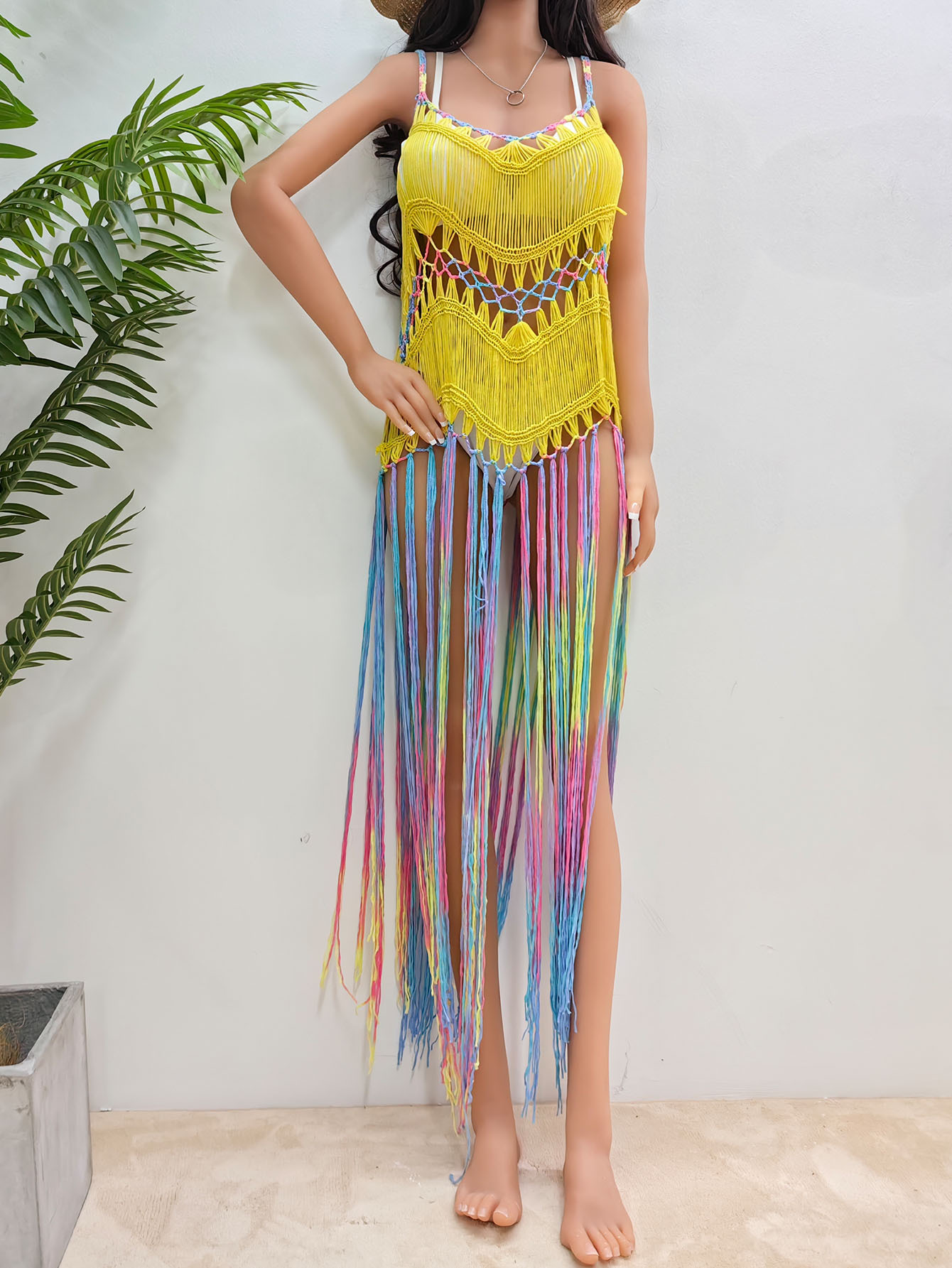 Women's Clothing Women's beach vacation blouse women's clothing pure hand-crocheted dyed tassel skirt random gradient suspender skirt_voghion.com