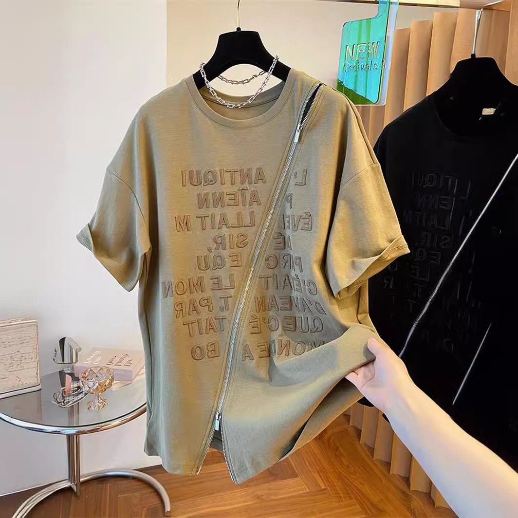 Vêtements pour femmes nouveau lâche broderie pur coton lourd à manches courtes T-shirt femme fermeture éclair haut fendu