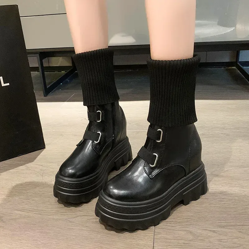 Platform Women Gothic Elastic Band Wedges Boots Frosted Leather Thick Sole Punk Internal Increated Short Botas Mujer_voghion.com