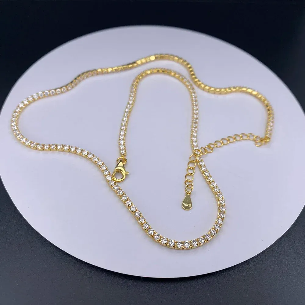 Cadenas finas de 2 mm con diamantes de moissanita y cadena cubana de plata, collar de oro real para mujer, joyería con piedra de circón, collares para el cuello_voghion.com