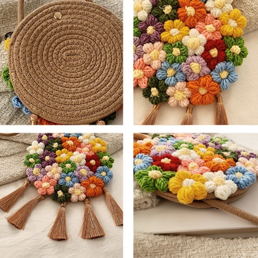 Borsa da spiaggia in rattan bohémien, lavorata a maglia in cotone e lino, con nappa, in stile rurale e con spallacci lavorati all'uncinetto floreale._voghion.com