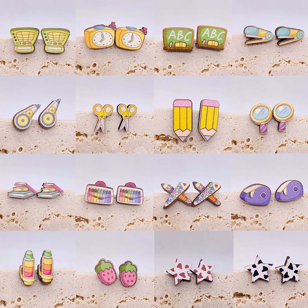 Student pencil magnifying glasses, book scissors, stainless steel earrings, teacher earrings for the start of school_voghion.com