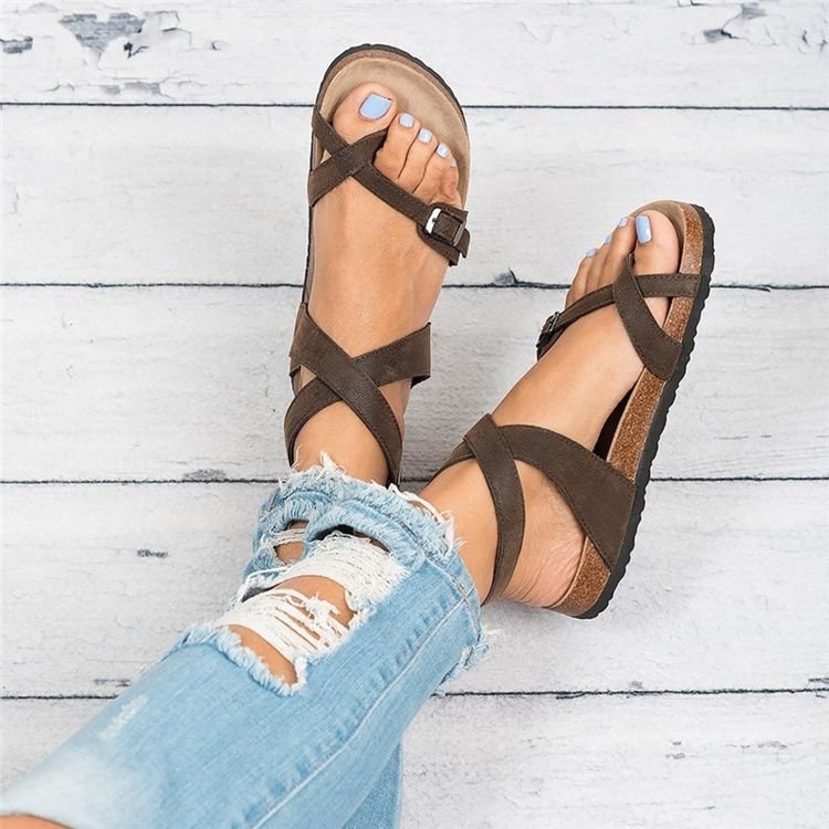 Damenschuhe Sommer Große Sandalen Korkboden Römische Zehenpartie Gürtelschnalle Wickelsandalen Für Damen_voghion.com