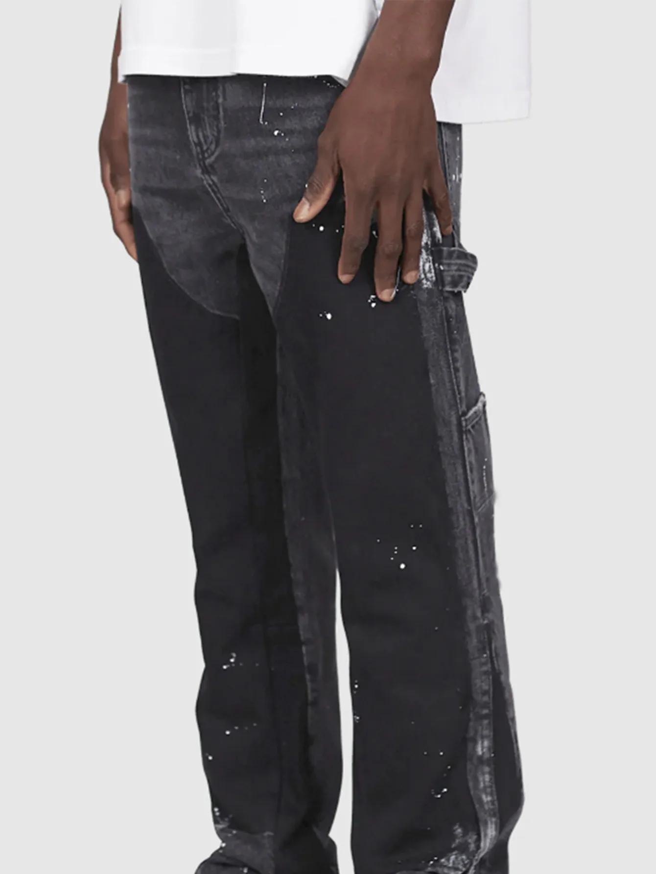 Men's Hand-Painted Flared Jeans - Black With Contrast Color Block Design, Retro Bootcut Trousers, Street Style Denim_voghion.com
