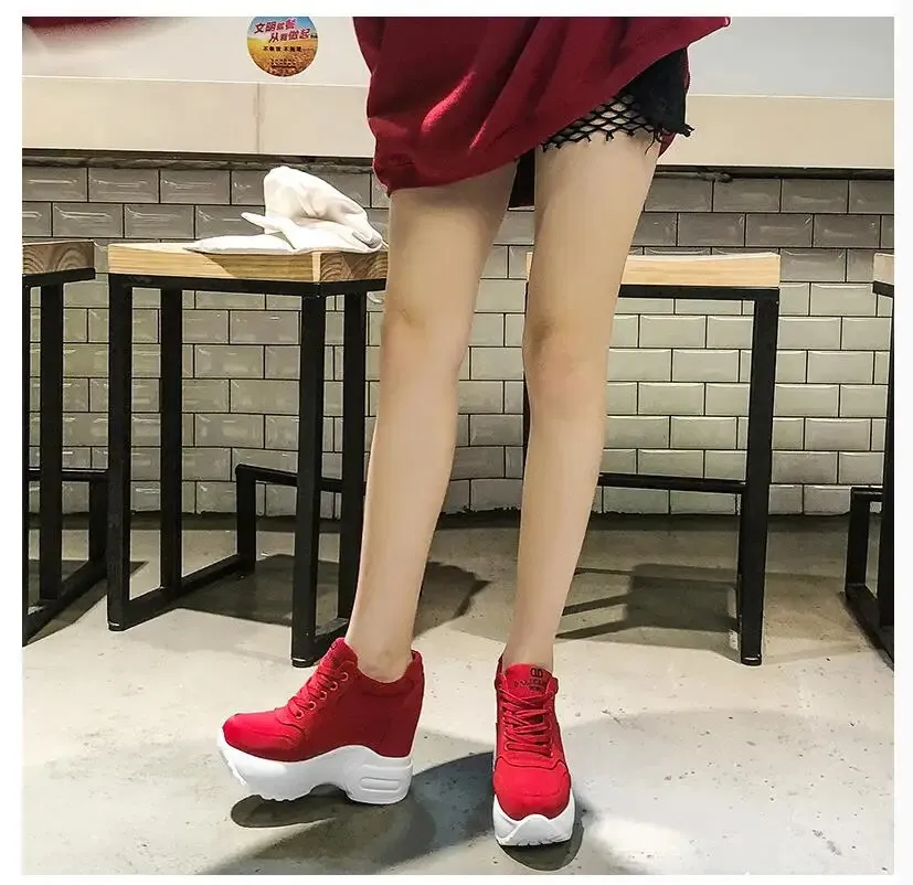 Women's Platform Sneakers Leather Chunky Trainers White Wedges_voghion.com