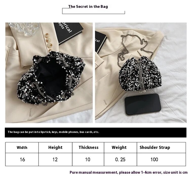 Fashionable and Personalized Sequin Bag for Women in 2024 New Korean Version Bucket Bag Stylish Shoulder Bag Trendy Crossbody Dinner Bag_voghion.com