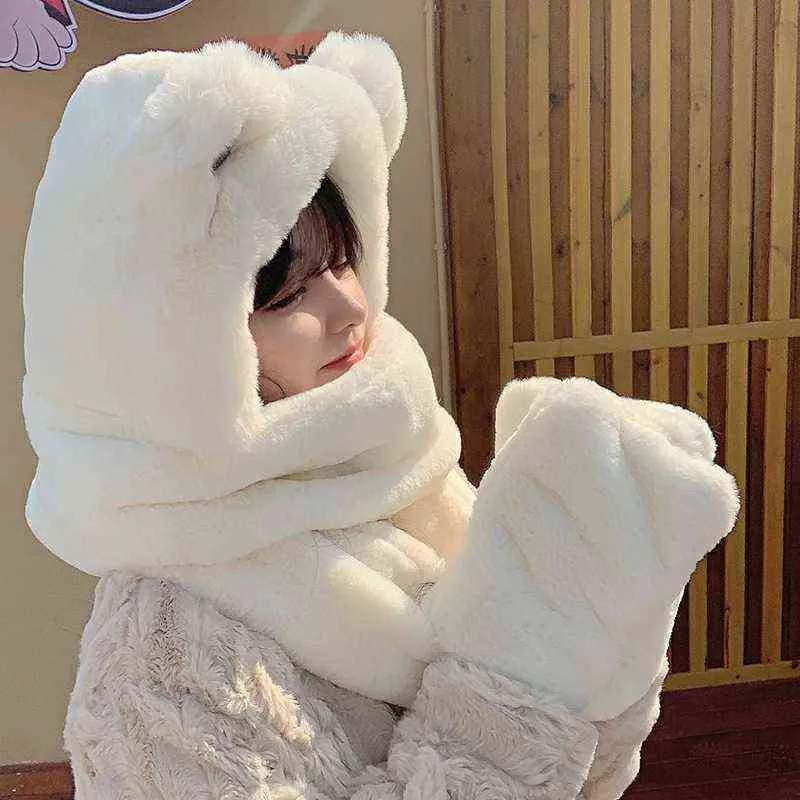 Hats Sets Scarves Winter Fur Cap Snow Hat Christmas Gift Cute Girl Versatile Scarf Integrated Warm Gloves Bib Three_voghion.com