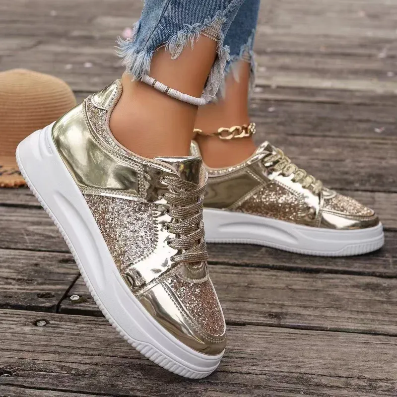 Women's Gold Sequins Platform Sneakers Autumn Fashion Casual Sports Thick Bottom Vulcanized Woman Flats Heels Shoes_voghion.com