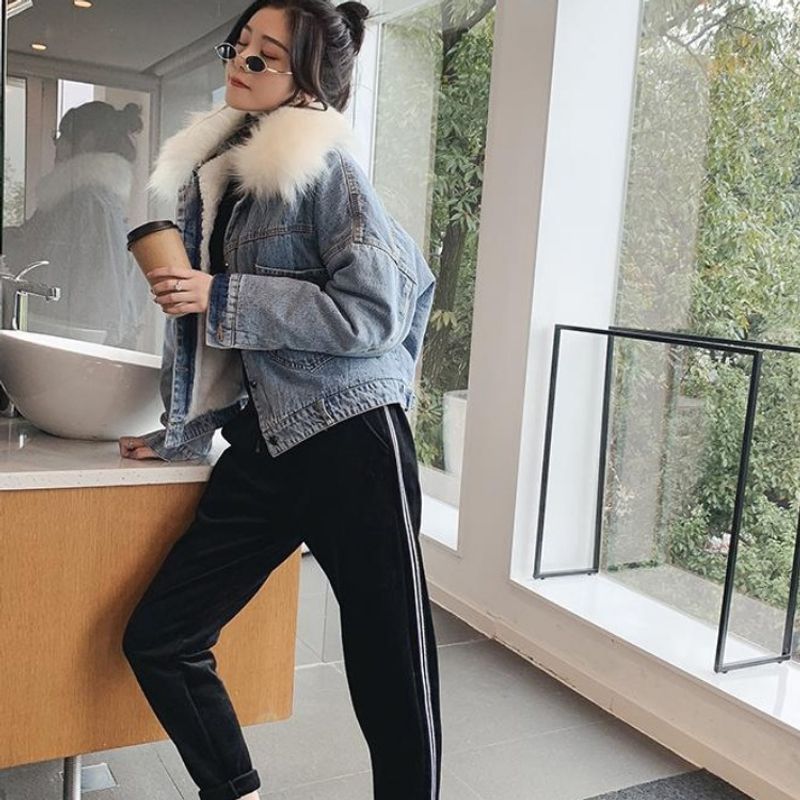 Abbigliamento da donna, collo in pelliccia di volpe, più giacca larga e spessa in denim, cappotto in cotone_voghion.com