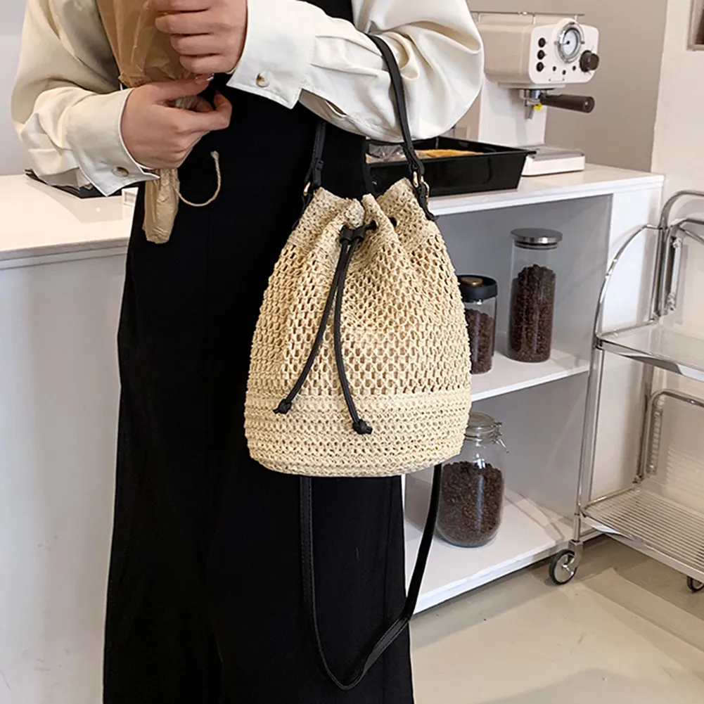Summer Women Handbags Drawstring Straw Beach Crossbody Bags Adjustable Strap Fashion Casual Simple Elegant For Weekend_voghion.com
