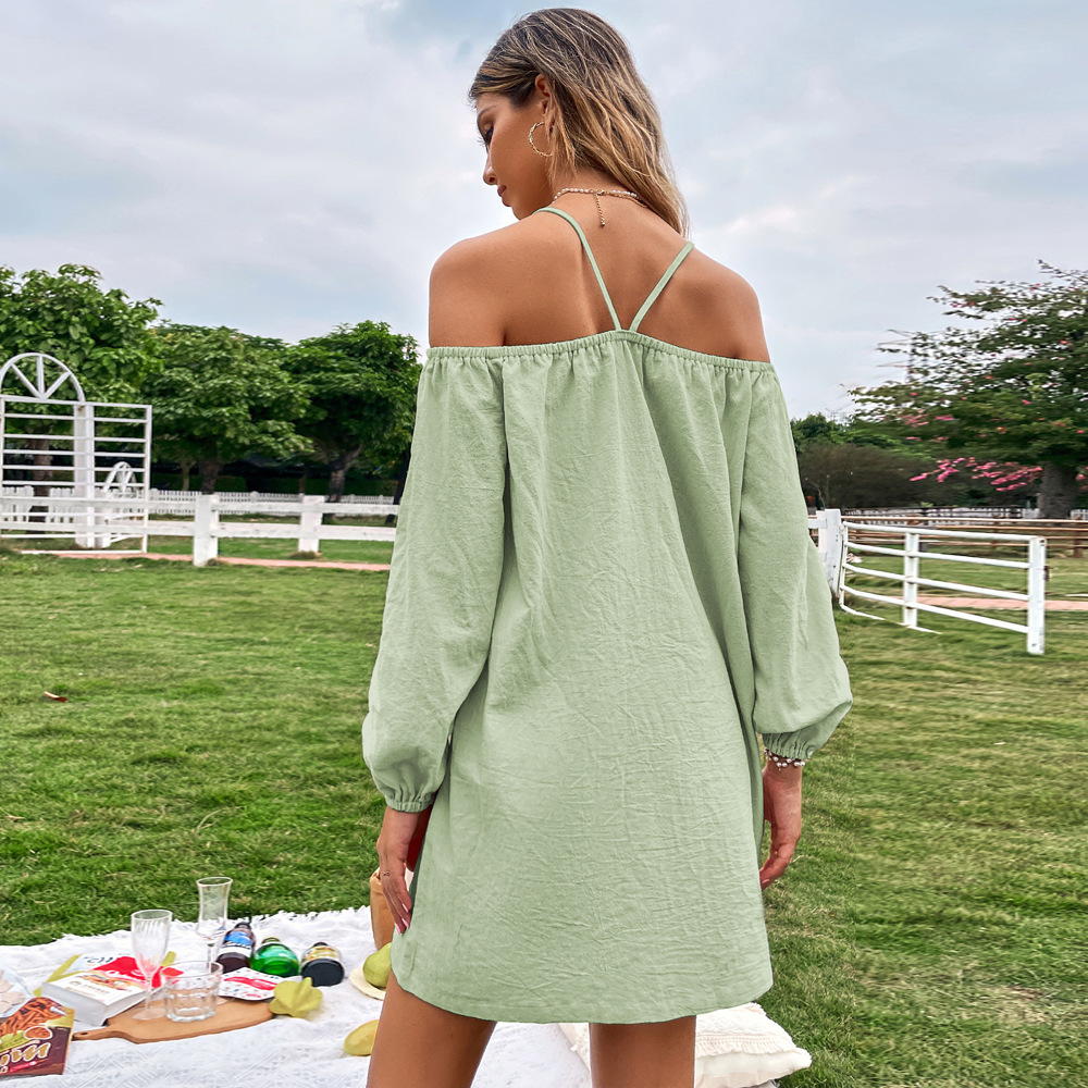 2023 frühjahr/Sommer Neue frauen Eingewickelt Brust Lose Beiläufige Kurze Kleid Off Schulter Gurt Langarm Kleid_voghion.com
