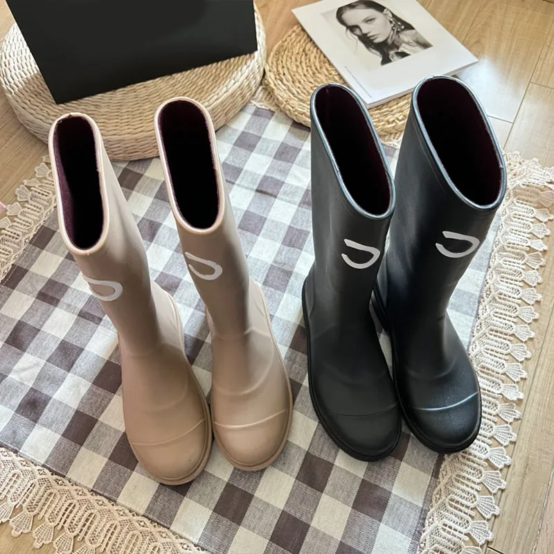 Designer Heel Thick Sole Long Fashion Square Toe Men Women Rubber Boots New Waterproof Anti Slip High Tube Rain Shoes_voghion.com