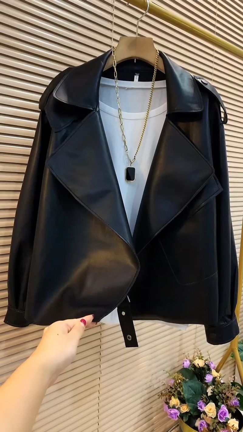 Abbigliamento da donna, giacca da abito di alta qualità, colletto in pelle PU lavata, alla moda, sottile, a maniche lunghe, alla moda_voghion.com