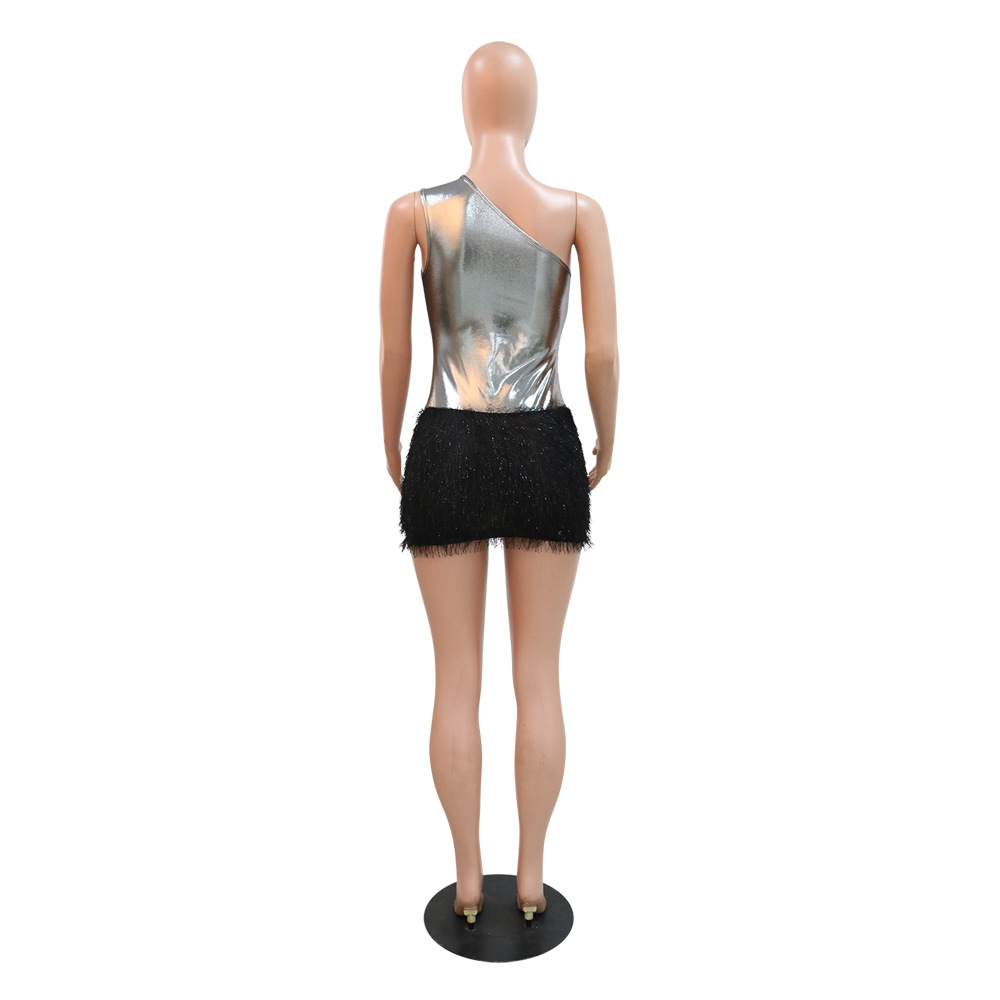 Women's Clothing New Product Fashion Sexy Slim Fit Hip Covering Bright Leather Knitted Wool One Shoulder Short Skirt_voghion.com
