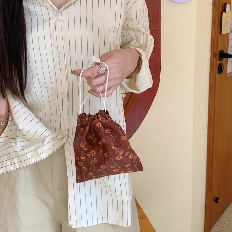Floral Plaid Canvas Drawstring Cristmas Gift Candy Jewelry Cosmetics Coins Keys Organizer Packing Bags Storage Bag_voghion.com