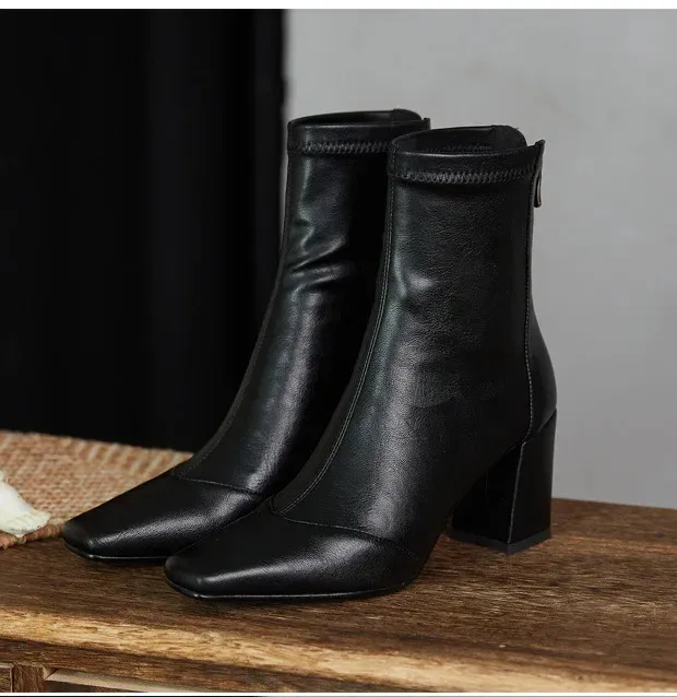 Vintage Dicke Frauen Stiefeletten Heels Boot Mode Spitzschuh Reißverschluss Winter Damenschuhe Leder Braun Kurze Booties_voghion.com