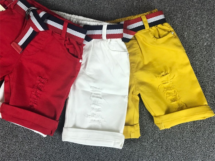 Mother&Kids Children's red, white and yellow shorts with belt 5 minutes shorts with stretch ripped pants_voghion.com