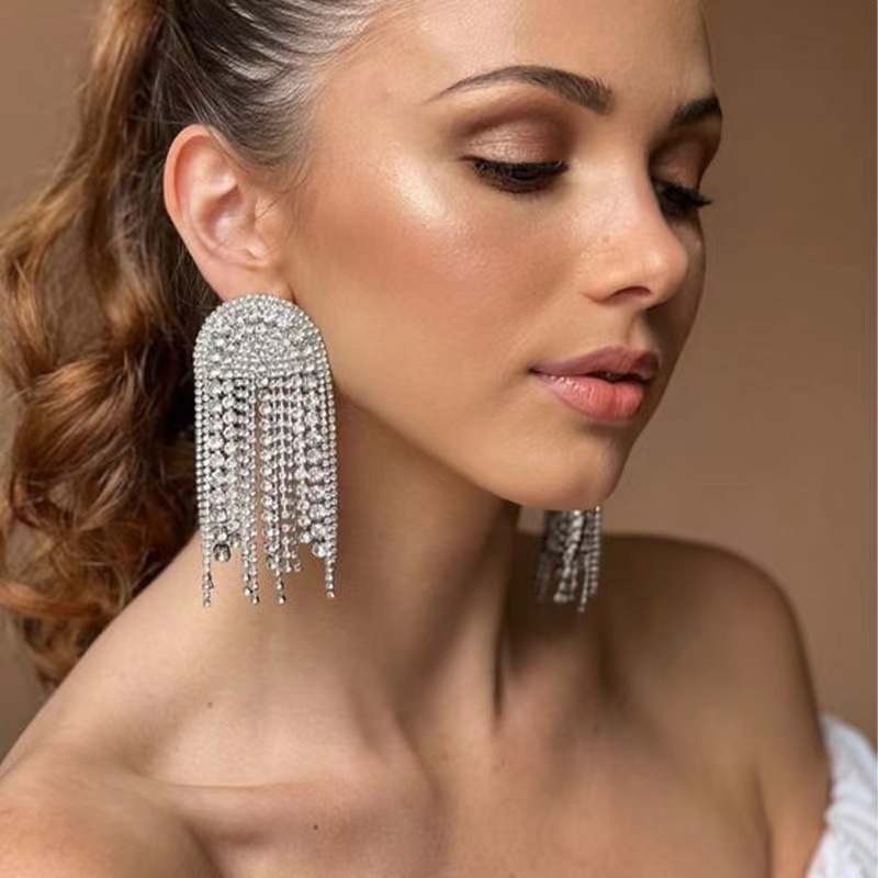 Fashion rhinestone earrings personality arched tassel earrings