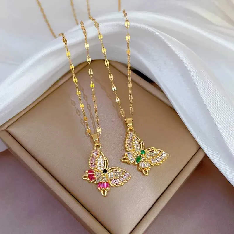 Collane in acciaio inossidabile, elegante collana con ciondolo a farfalla, catena con strass per donna, girocollo con cristalli scintillanti_voghion.com