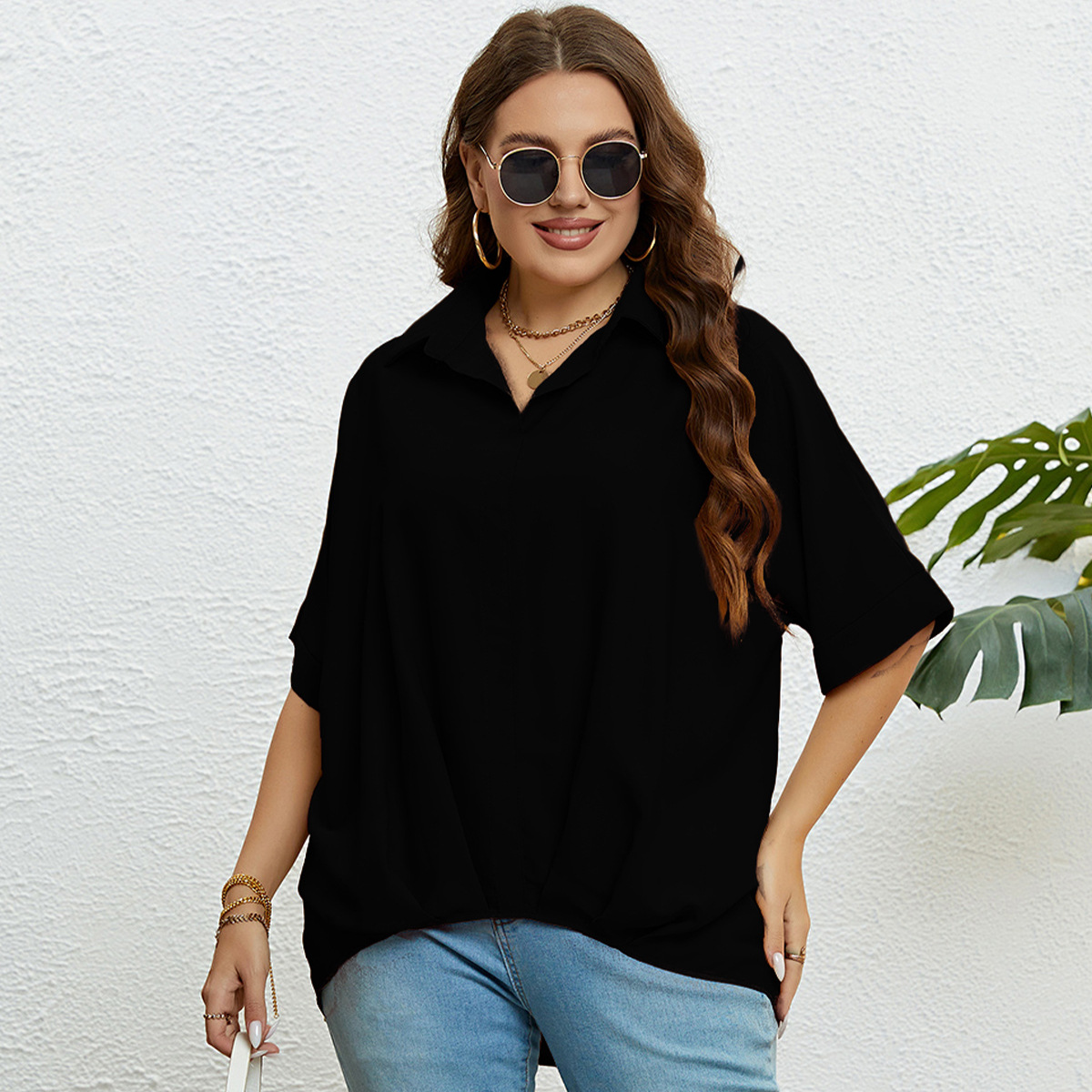 Topuri pentru femei, cu decolteu în V, slim fit și mâneci în cinci puncte, mărimi mari_voghion.com