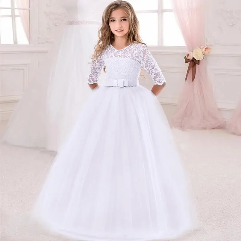 Girls Bridesmaid Wedding Long Gown for Kids 5-14 Year Flower Lace Birthday Party Des Children White Pageant Formal_voghion.com