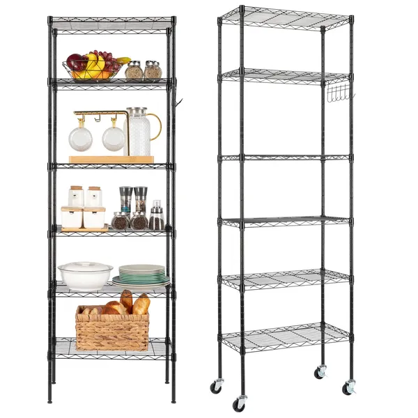 6-Tier Adjustable Layer Shelf With 6 Hooks Heavy Duty Steel Storage Rack Caster Wheels Leveling Feet 55x30x165cm Black_voghion.com