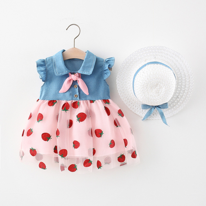 Neugeborenen Kleid Sommer Prinzessin Kleid Koreanischen Stil Erdbeere Stickerei Mesh Bowknot Denim Kleid Kinder Kleidung Senden Hut_voghion.com