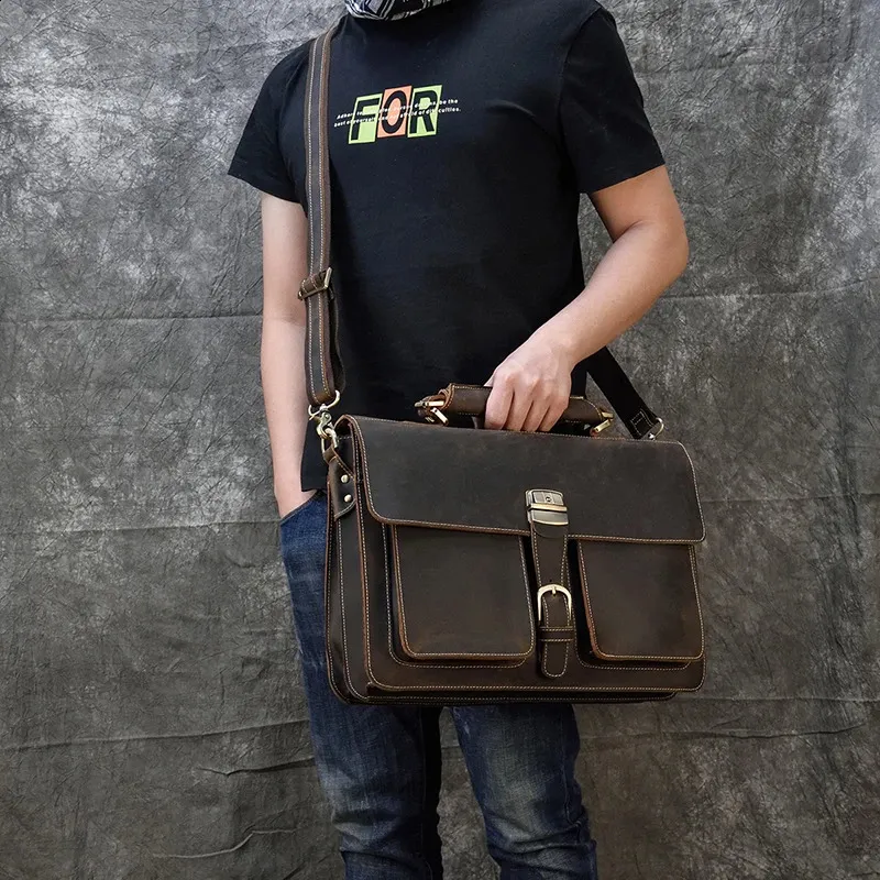 Moda 100% genuino uomo cartella in pelle di mucca laptop vintage spalla vera pelle di mucca borsa per computer 15.6 240815_voghion.com