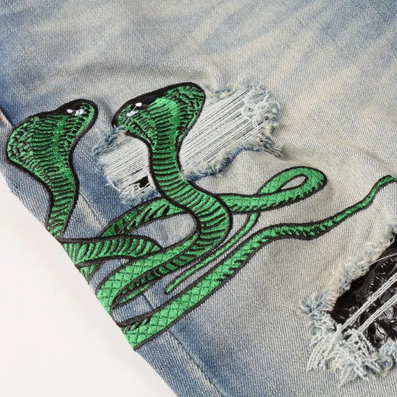 Men's Jeans Light Blue Embroidered Snake Patchwork High Street Stretch Distressed Slim Fit Ripped Men_mkmklike.com