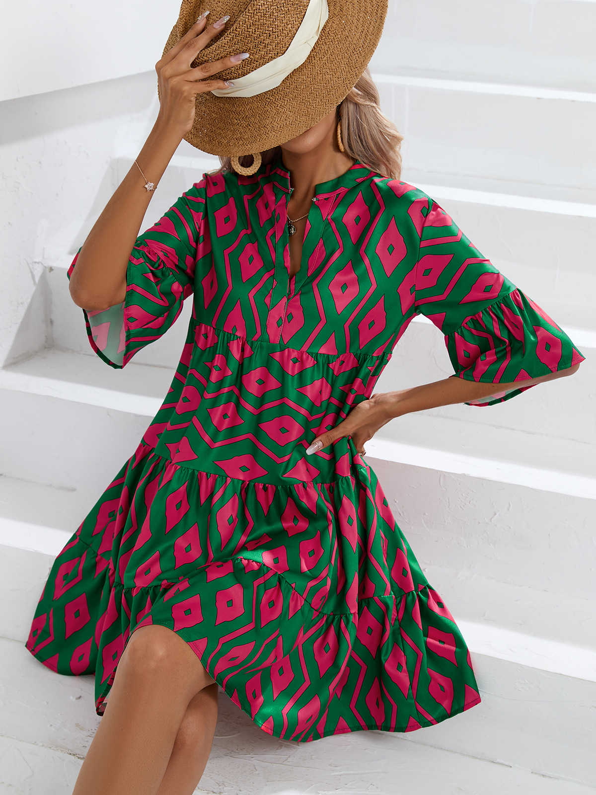 Abito da donna con gonna corta casual con scollo a V allentato estivo 2023_voghion.com
