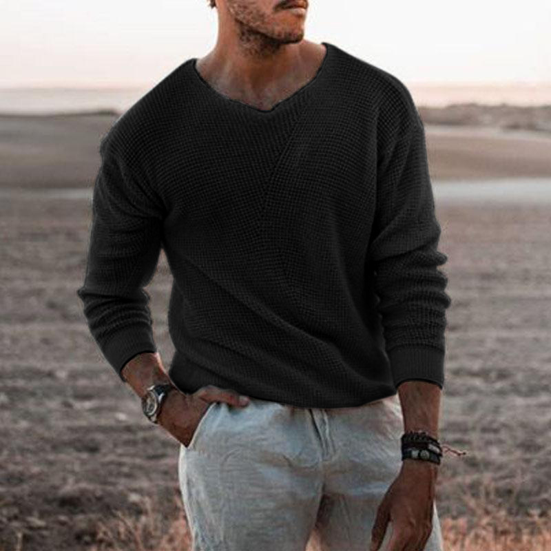 Modieuze gebreide casual loszittende trui, trui met V-hals en lange mouwen, oversized herenkleding_voghion.com
