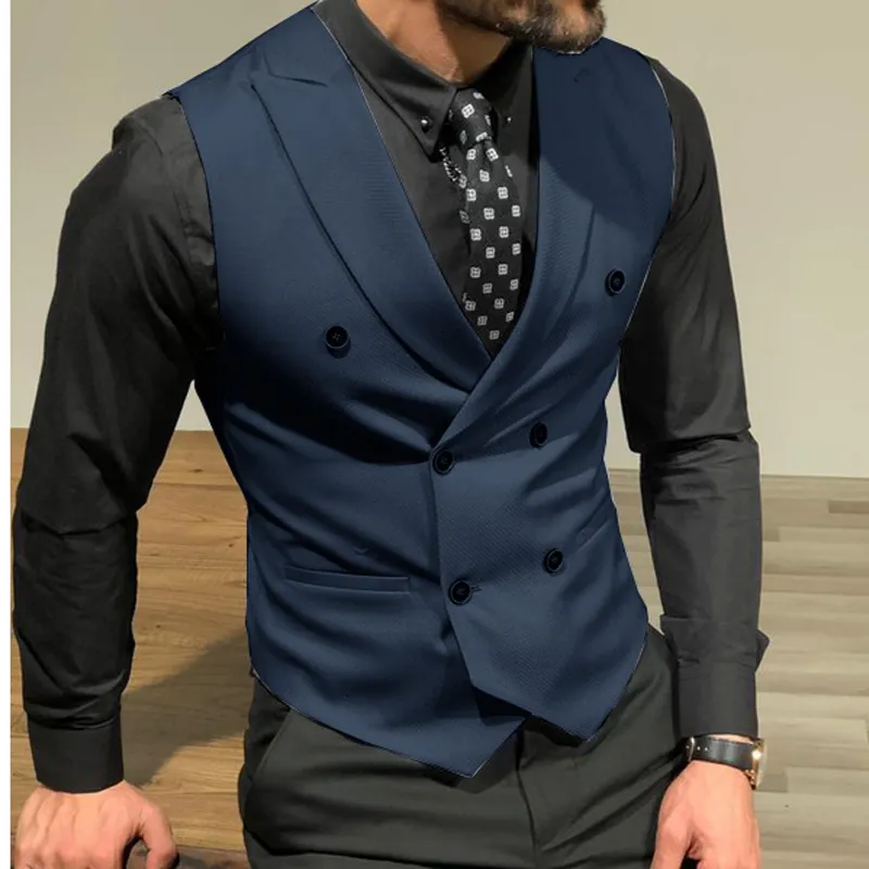 Ärmlös herrkostymväst med dubbelknäppt slim fit för marskalkar för bröllop, affärsmässig singel herrkappa_voghion.com