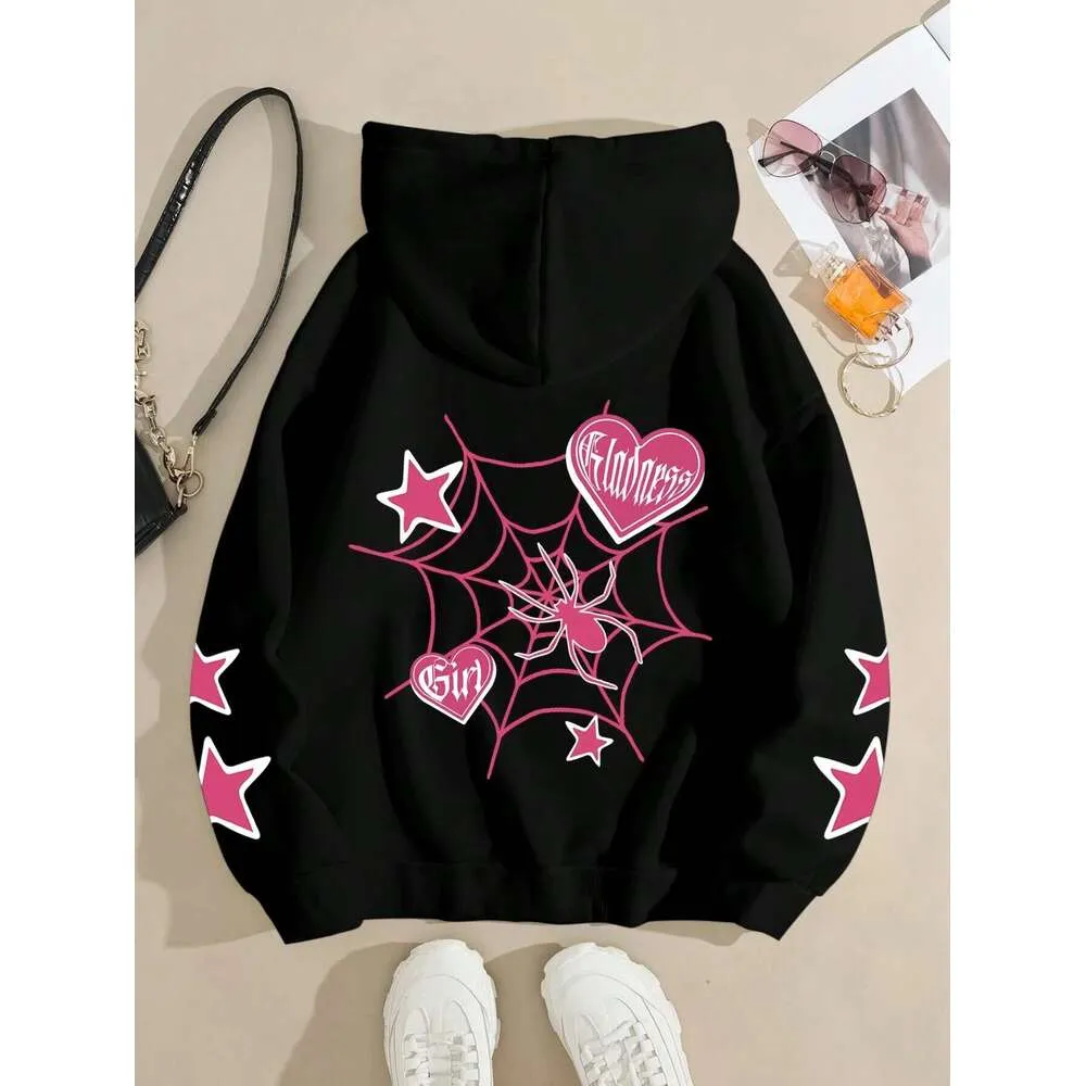Felpa con cappuccio stampata con stella ragno, felpe sportive da strada da donna, comode maglie girocollo in pile larghe, top da donna_voghion.com