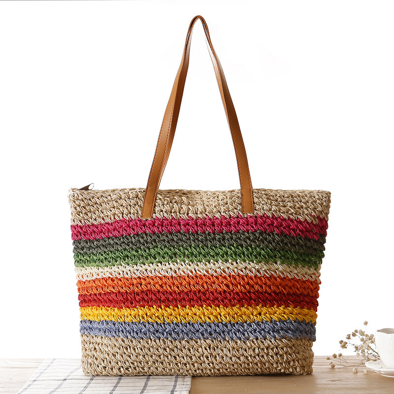 Neue kontrastierend gestreifte Einzelschultertasche aus gewebtem Papier Regenbogen-Stil, Strandtasche, Damentasche im_voghion.com