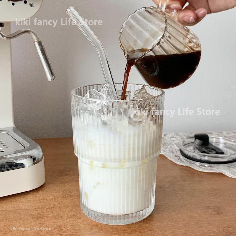 450ml Simple Stripe Coffee Glass Cup With Lid and Straw Transparent Bubble Tea Cup Juice Glass Milk Mocha Cups Breakfast Mug_voghion.com