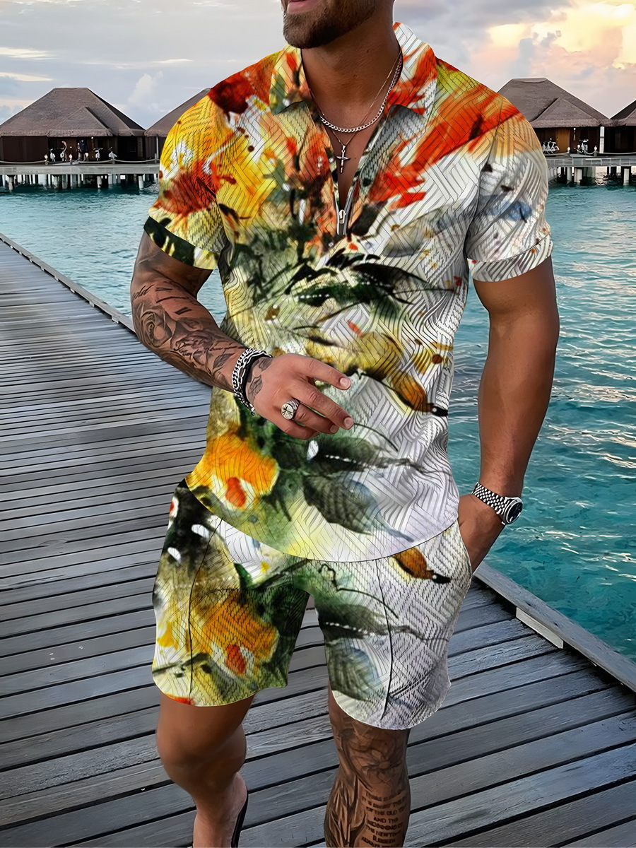 Men's 2pcs, Red Dots Pattern, Trendy Comfy Zip Polo And Plain Drawstring Waistband Shorts Set_voghion.com