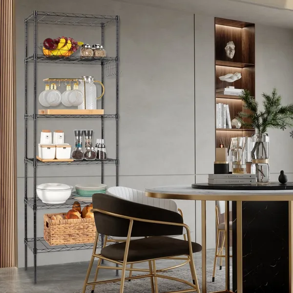 6-Tier Adjustable Layer Shelf With 6 Hooks Heavy Duty Steel Storage Rack Caster Wheels Leveling Feet 55x30x165cm Black_voghion.com