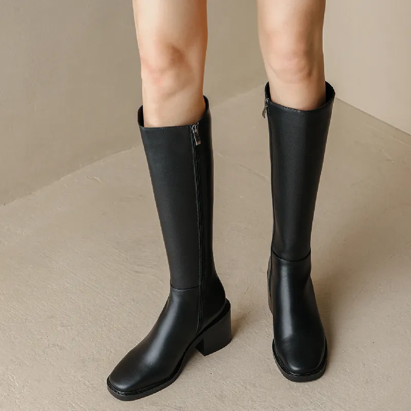 Genuine Leather Tall Women Thick Heels Knee High Boots Autumn Winter Warm Ladies Long Shoes Black Elegant Designer_voghion.com