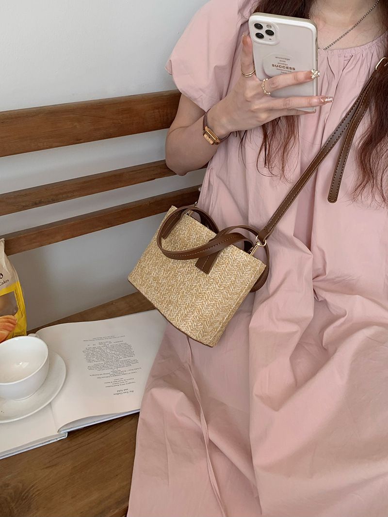 Koreanische ins gras gewebt kleine sommer neue freizeit urlaub frauen tasche gemüse korb tragbare schulter umhängetasche_voghion.com