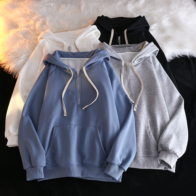 Felpa con cappuccio in pile da donna con mezza zip e vestibilità_voghion.com