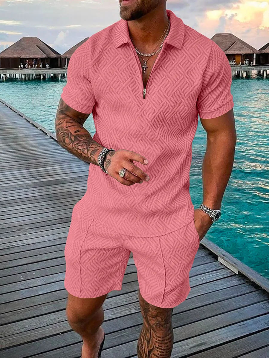 Survêtements pour hommes, ensemble de costume d'été imprimé 3D couleur unie, polo à manches courtes et short, mode fermeture éclair, deux pièces pour hommes_voghion.com