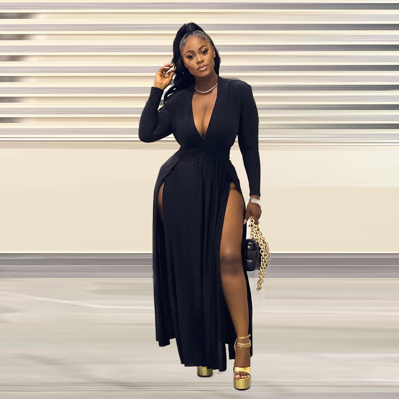 Robe de soirée patchwork sexy à col en V, robe de grande taille_voghion.com