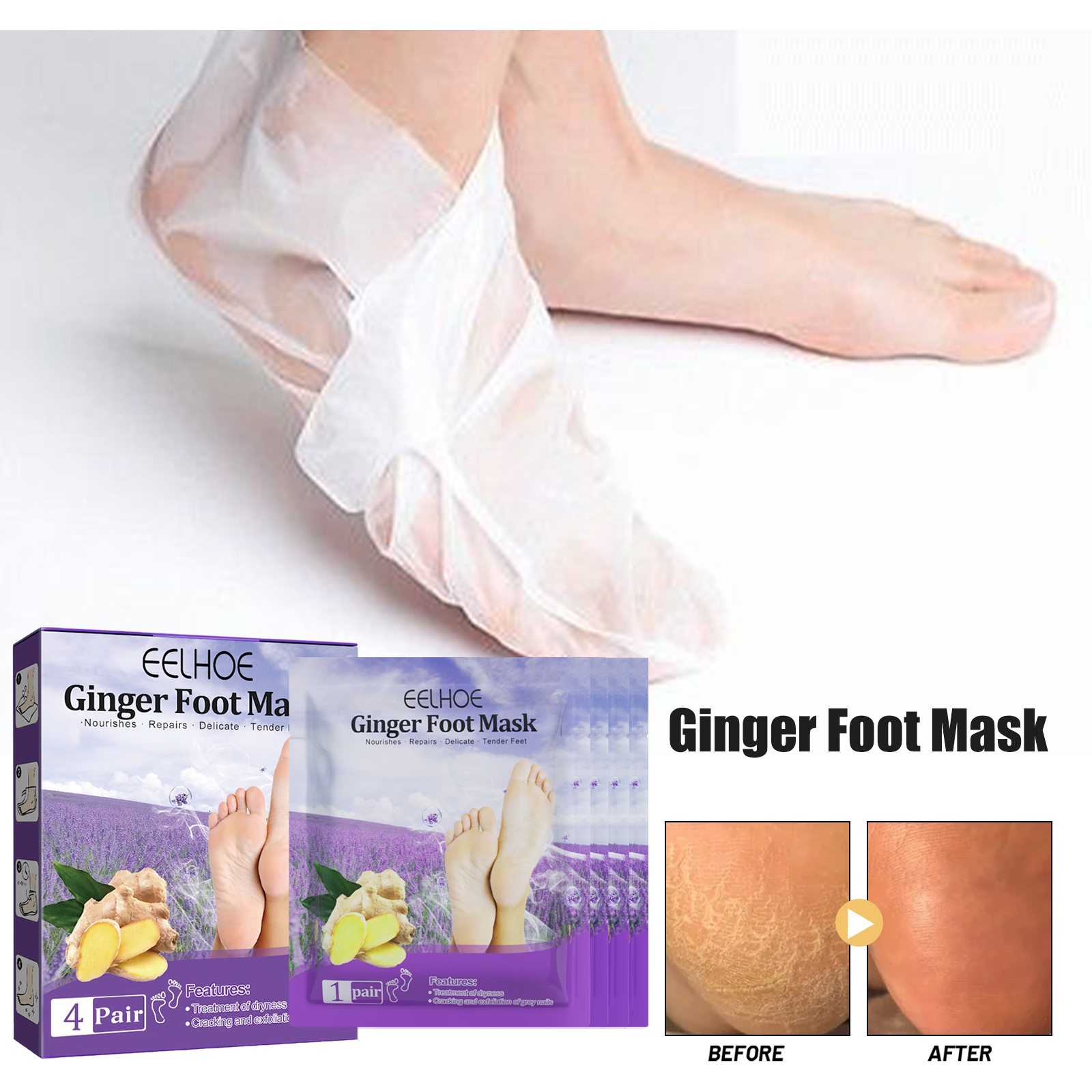 EELHOE Ginger Foot Mask (Box) Foot Moisturizing, Nourishing, Rejuvenating, Exfoliating, Removing Dead Skin, Dry And Cracked Skin Care Foot Mask_voghion.com