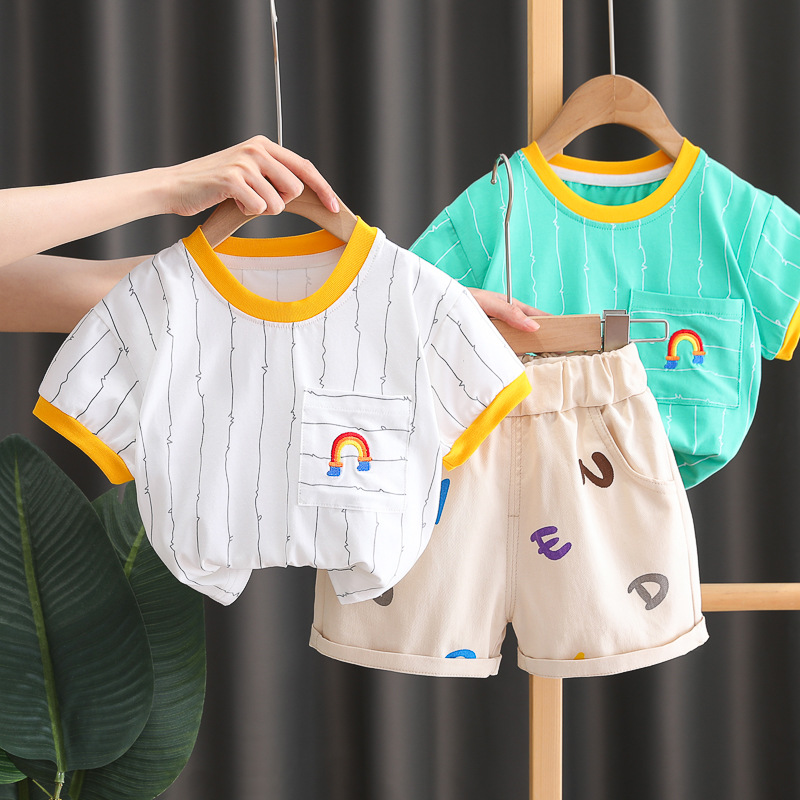 Sports Children's Handsome Two piece Set, Boys' Summer Embroidered Rainbow Short sleeved Clothes