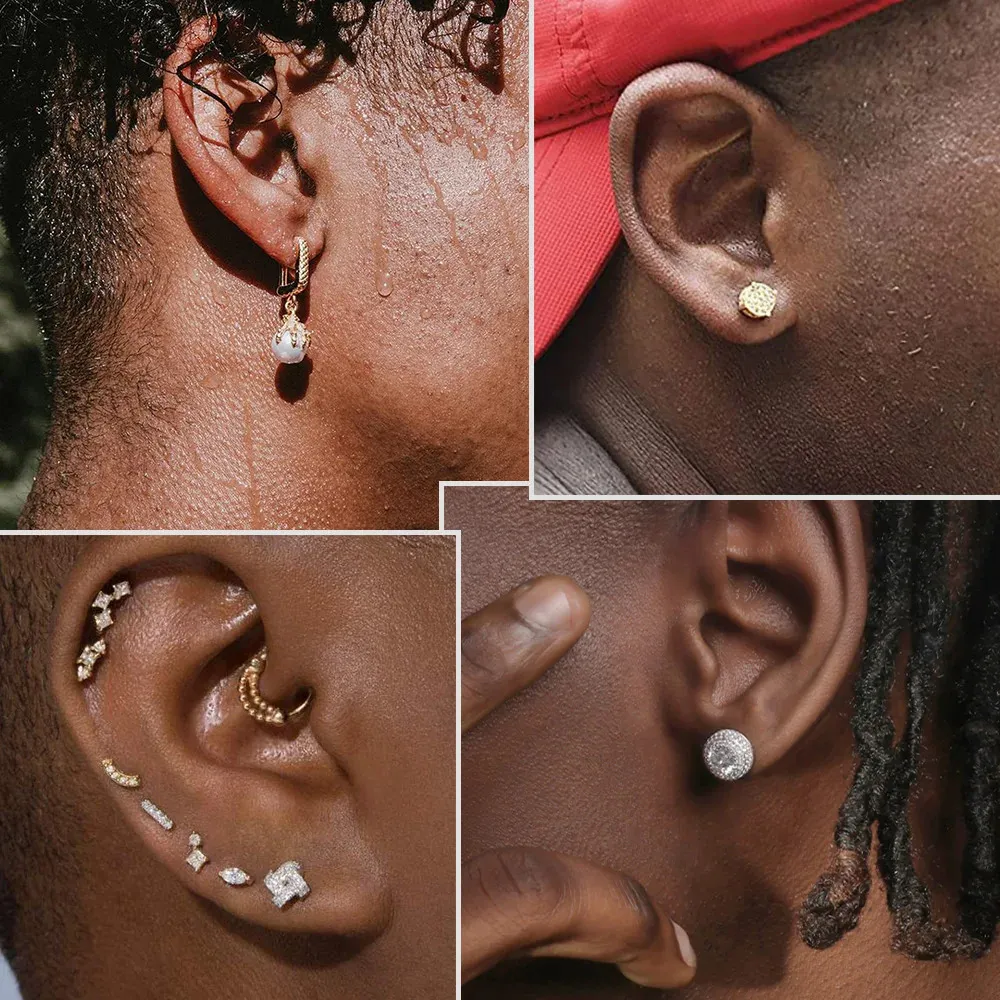 Orecchini a cerchio con borchie Hip Hop Iced Out per uomo, con zirconi color oro, accessori per piercing all'orecchio, tendenza Hiphop_voghion.com