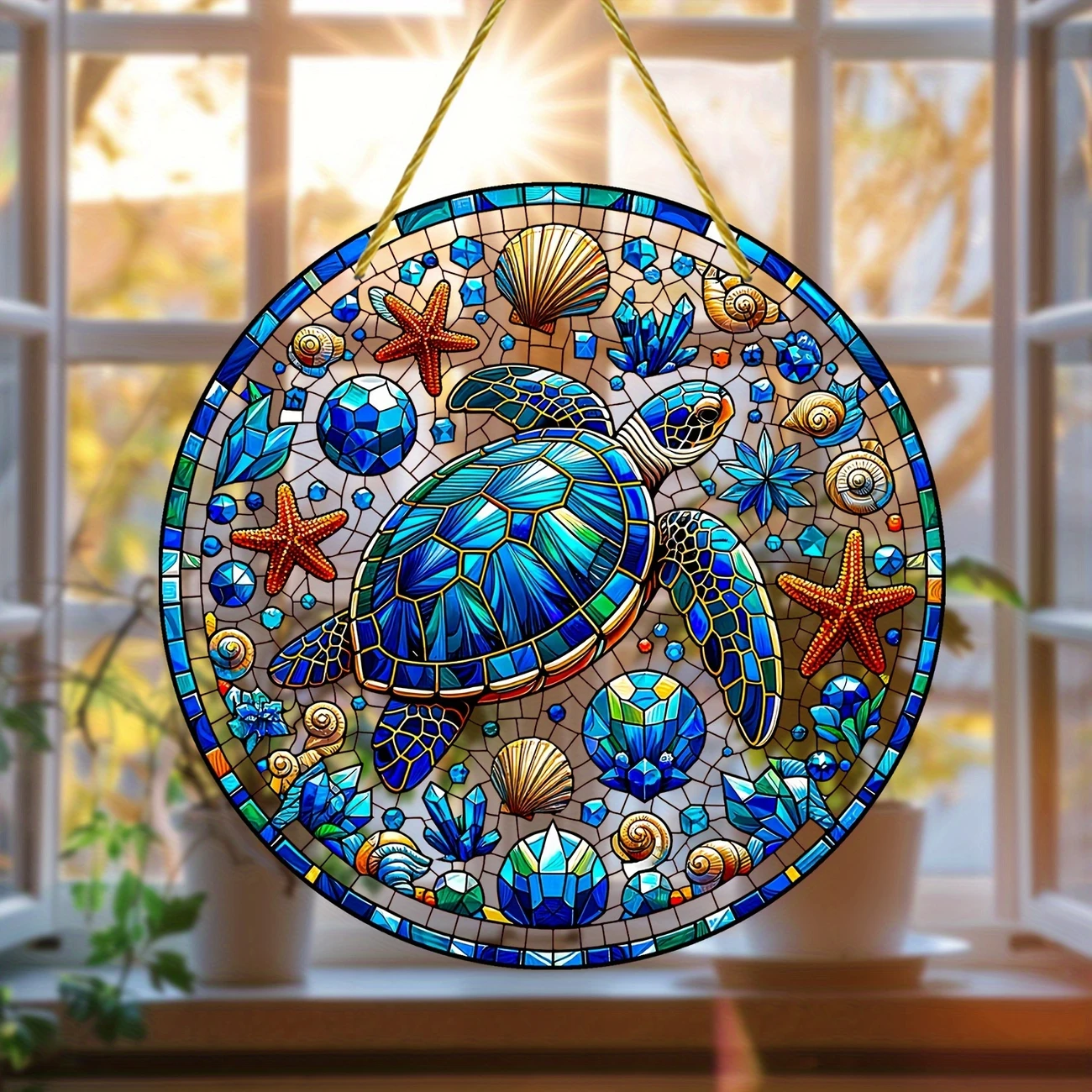 1pc 8''x8'' Round Acrylic Turtle & Starfish Suncatcher, Dyed Wreath Design. Perfect For Room/cafe/outdoor Decor. Holiday Gift Idea._voghion.com